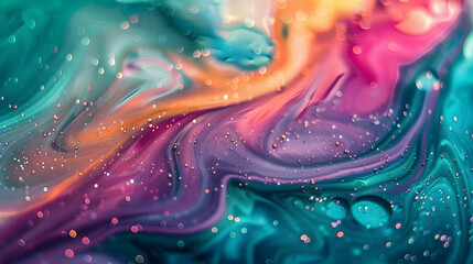 Wall Mural - Radiant color wave. Shiny paint. Flow art. Combined bright teal magenta orange green liquid bubbles swirling on water surface with round glitter