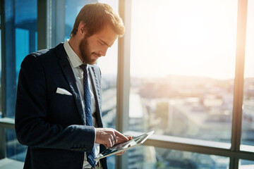 Poster - Man, tablet and corporate research in office for business, networking and stock market investment. Portfolio manager, technology and communication with clients for proposal, management and advice