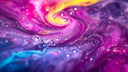 Wall Mural - Radiant vibrant swirl. Shimmer paint. Flow art. Combined bright purple yellow teal cyan liquid bubbles swirling on water surface with glitter