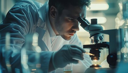 A quality control specialist in a biopharmaceutical lab meticulously examining samples under a microscope, checking for purity and consistency