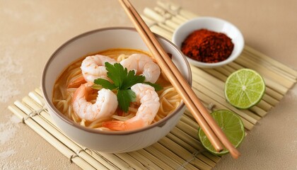 Wall Mural - A bowl of Singaporean laksa, a spicy coconut soup with rice noodles and shrimp, garnished with coriander and lime slices.