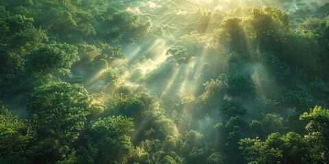 Wall Mural - Sunlight Filtering Through a Dense Forest Canopy