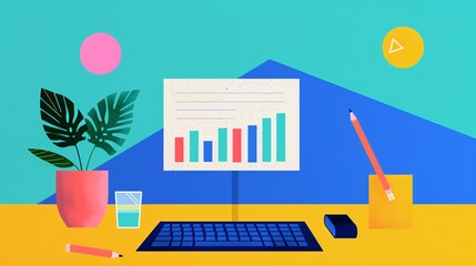 Poster - Colorful illustration of a desk with a computer displaying a bar chart, a plant, and stationery on a bright background.