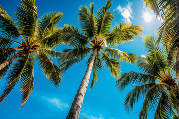 Tall palm trees against clear blue sky - an ai painting of tropical palms from a unique perspective
