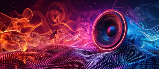 Wall Mural - Abstract speaker with neon light and glowing particles, representing audio sound, music, audiophile,  loudness, and powerful bass. Concept of sound waves, digital music, and audio technology.