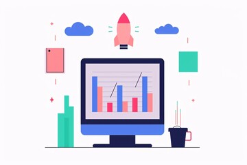 Poster - Digital illustration of computer screen displaying analytics with colorful charts, symbols, and rocket, representing data growth and analysis.