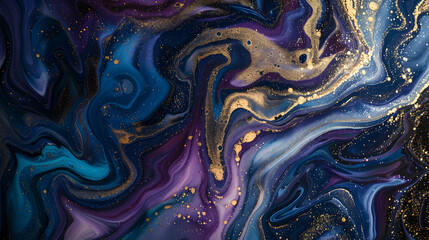 Wall Mural - Swirling blue, purple, and gold abstract marbling with a marble-like texture