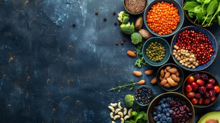 Assorted healthy vegetables, legumes, nuts, and seeds on a dark textured background.