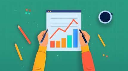 Poster - hands holding pen and paper with graphs, pencils on desk, indicating data analysis and business grow