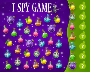 Aufkleber - Halloween kids I spy game with witch magic potion bottles. Vector puzzle worksheet of Halloween horror holiday maze quiz with cartoon magician elixir jars, bottles and flasks. Math education game
