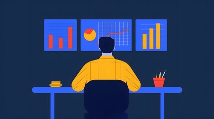 Poster - illustrated man analyzing data on multiple screens in a dark office setting, presenting charts, grap