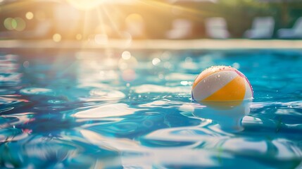 Colorful beach ball floating on the water in swimming pool, summer vacation concept. Vintage color tone. Blurred background with copy space. Soft sunlight effect, 
