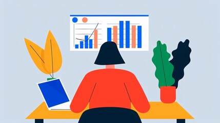 Poster - illustration of a person analyzing data on a computer at a desk with plants, showcasing a modern wor