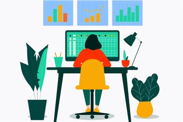 Poster - illustration of a person analyzing data on a computer in a workspace. features plants, a desk lamp, 