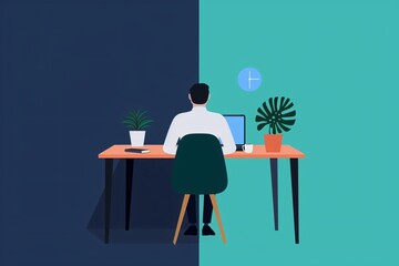 Poster - Illustration of a person working at a desk with plants and a computer, representing a contrast between day and night.
