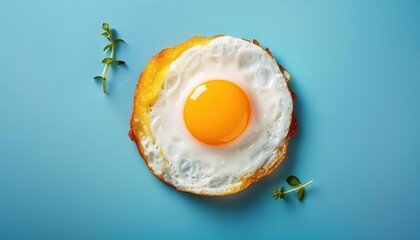 Wall Mural - tasty sunny side up fried egg isolated on a blue background, top view
