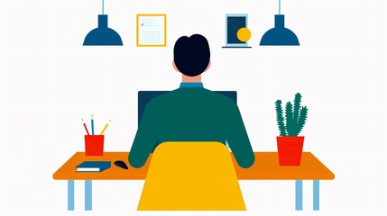 Poster - Illustration of a person working at a desk with computer, office supplies, and decor. Modern workspace concept. Colorful and minimalistic design.
