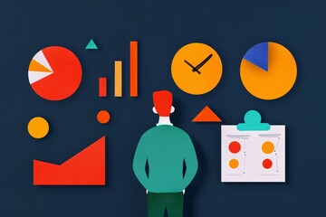 Poster - man analyzing data charts and graphs, representing business analytics and statistics on a dark backg