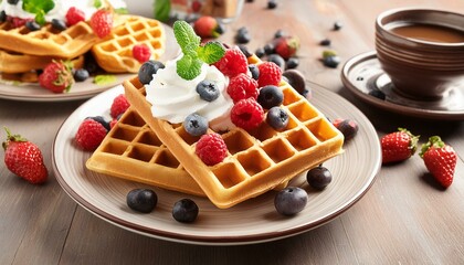 Wall Mural - A plate of Belgian waffles, golden brown and crispy, served with fresh berries, whipped cream and maple syrup. Served with a cup of hot chocolate.