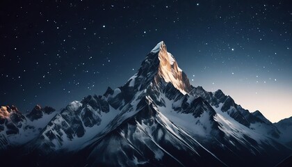A mountain range with a large peak in the middle. The sky is dark and the stars are shining brightly 