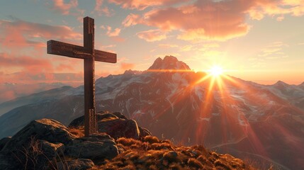 Wooden cross on the top of a mountain at sunset. 3D render