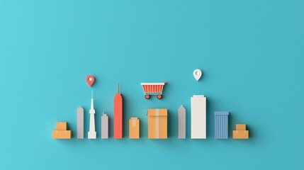 Modern flat design illustration of a cityscape with shopping cart and location pin icons on blue background, representing e-commerce and urban life.