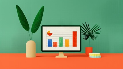 Poster - modern workspace with a computer displaying colorful graphs, plants, and office supplies on a vibran