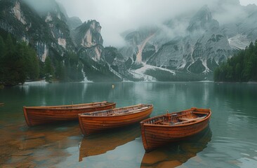 Wall Mural - Wooden Boats Docked at a Serene Mountain Lake