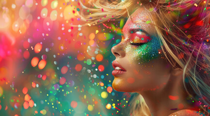 Sticker - Beautiful blonde woman with colorful makeup and hair, an explosion of colors in the background, an colorful explosion, an explosion of confetti, an explosion of glitter