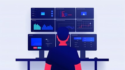 Poster - Person monitoring multiple screen displays with analytical graphs and charts in a data analysis center.