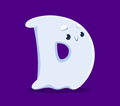 Halloween font, letter D of cartoon ghost character for kid monster alphabet, vector ABC typography. Halloween font type or typeface of comic horror boo or funny spooky ghost in shape of letter D