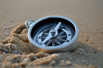 close-up shot of a silver compass resting on the sand at the beach, symbolizing pension, leadership,