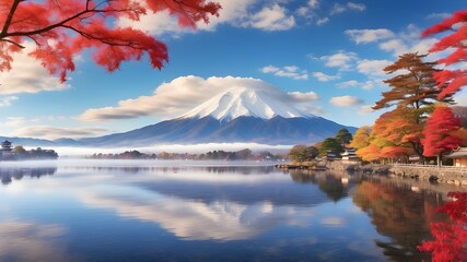 Wall Mural - One of the nicest spots in Japan is Lake Kawaguchiko, where you can find the colorful autumn season and Mount Fuji with its morning mist and scarlet foliage.