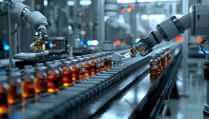 A high-tech production line in a biopharmaceutical manufacturing facility, featuring automated machinery and robotic arms handling vials and syringes