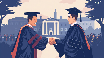 Wall Mural - Two men in graduation gowns shake hands in front of a building
