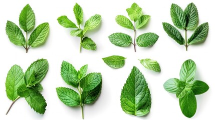 Wall Mural - Fresh Green Mint Leaves on a White Background