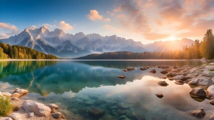 Wall Mural - Beautiful summer sunrise over the Zugspitze mountain range at Eibsee Lake. German Alps, Bavaria, Germany, sunny outdoor scene, Europe. Nature's beauty