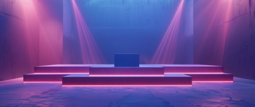 Three-Tiered Platform Illuminated By Pink And Blue Neon Lights In A Dark Room