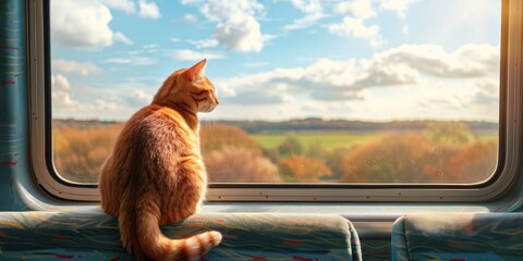 Ginger cat gazing out of train window during journey through countryside. Pet on a trip,  animal travel, cat looking out window.