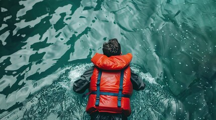 A man wearing a red life jacket is floating in the water. copy space for text.