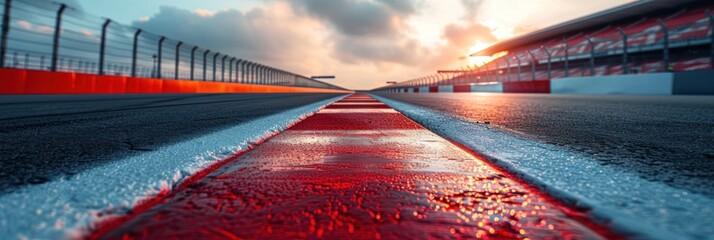 Wall Mural - Race Track at Sunset with Wet Asphalt and Red Line
