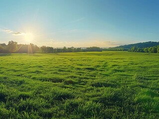 a panoramic shot of a green pasture glowing under the afternoon sun, the vibrant summer grass stretc
