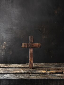 A wooden table with a cross on a dark background, perfect for religious text.