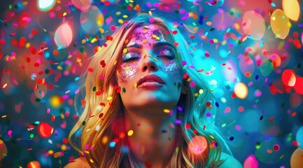 Sticker - Beautiful blonde woman with colorful makeup and hair, an explosion of colors in the background, an colorful explosion, an explosion of confetti, an explosion of glitter