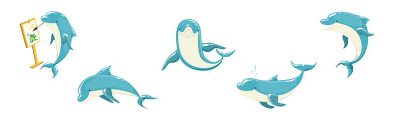 Poster - Blue Bottlenose Dolphin Performing Show Trick Vector Set