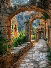 Wall Mural - Ancient cloisters in a place resembling Crete or Greece.