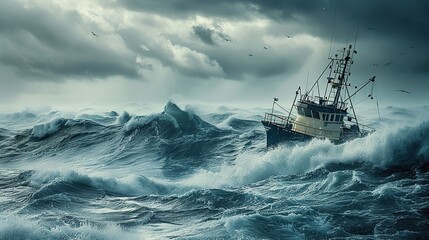 Wall Mural - A rugged fishing boat cuts through turbulent ocean waves under a dramatic overcast sky, showcasing the resilience of maritime workers. copy space for text.