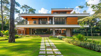 Wall Mural - Modern two-story house with large windows, wooden accents and lush green lawn in front of it.