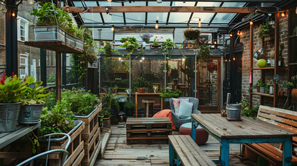 Wall Mural - Rustic-themed garden terrace featuring recycled pallet furniture, steampunk decor, and a greenhouse of homegrown botanicals for bespoke drinks