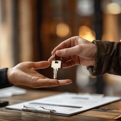 Close-up of hands exchanging house keys over a lease document, [Property rental], [New tenancy]